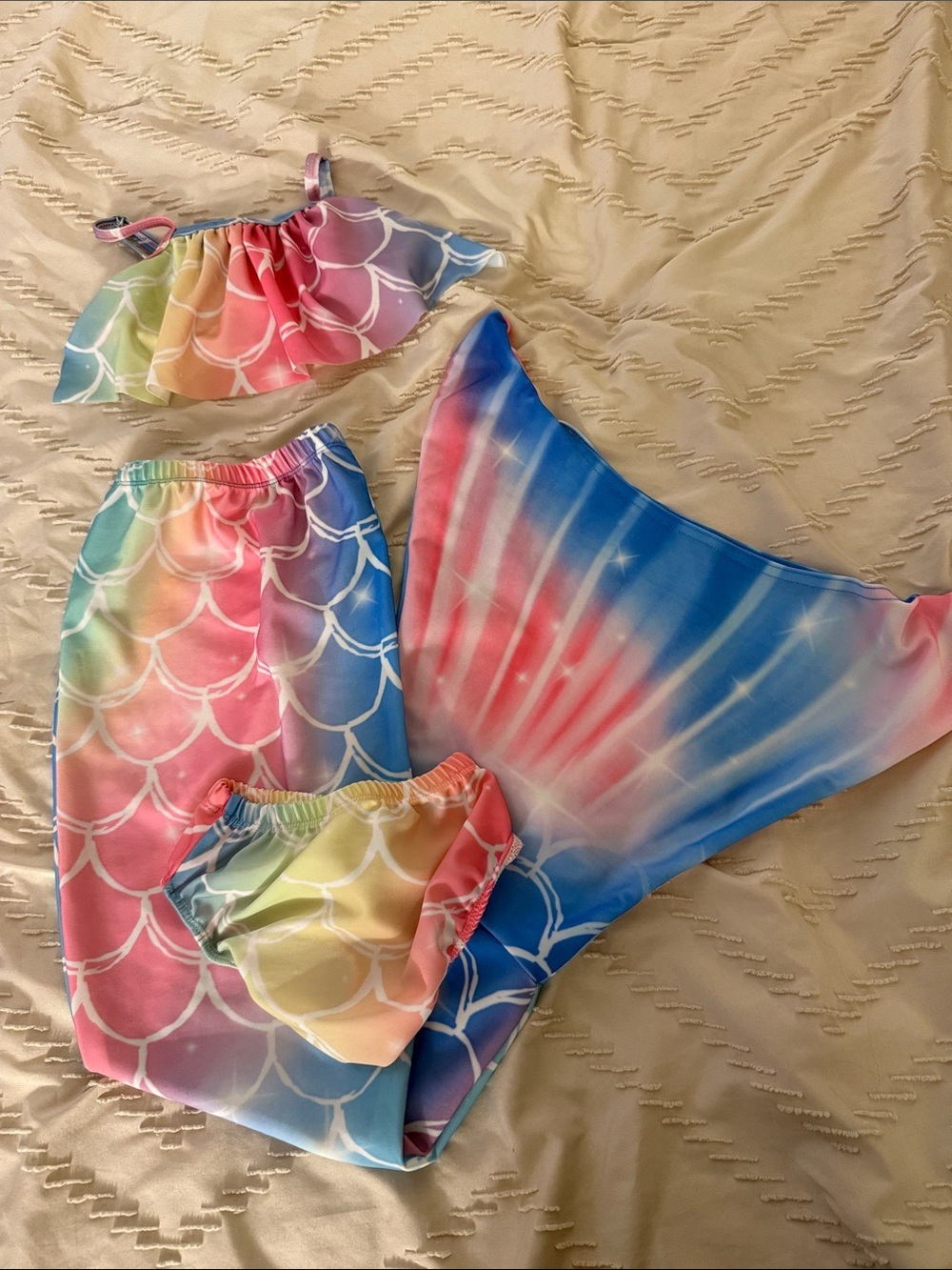 Rainbow Mermaid Three-Piece Swimsuit Set - Multicolor